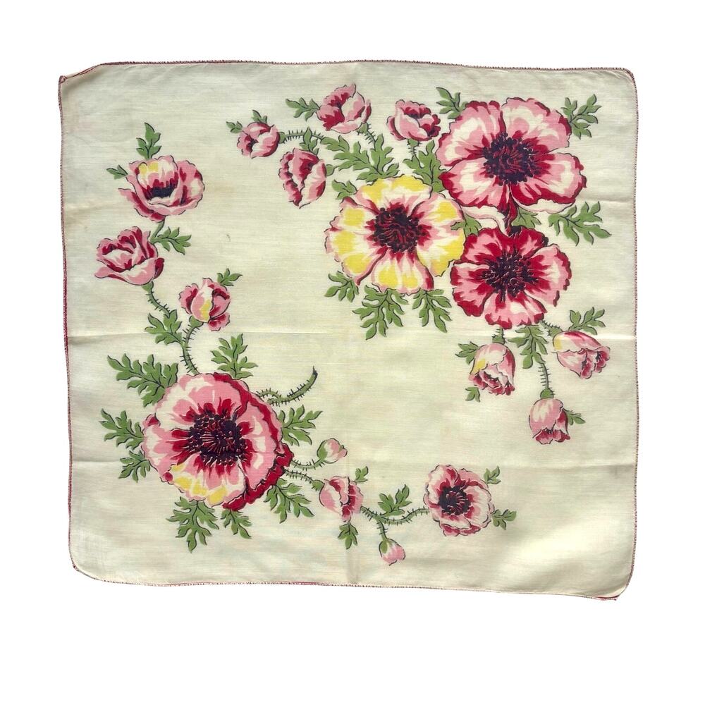 Vintage 1950s Cotton Floral Handkerchief Pink Yellow Mid Century Print Hanky